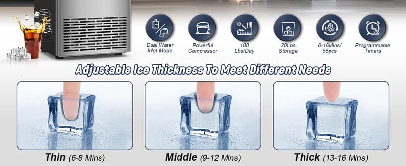 SOZT® Under Counter Ice Maker Machine, 100LBS/24H Stainless Steel Commercial Ice Machine, 20LBS Storage Capacity, Self-Cleaning Freestanding Ice Cube Maker for Home, Bar, Restaurant, Office