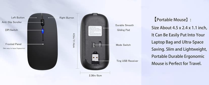 WREANU Wireless Bluetooth Mouse Rechargeable Laptop Mice with LED Lights Silent Slim Use(BT5.2 and 2.4G Portable USB) Dual Mode Computer Mouse for Laptop/iPad/Tablet/Apple/Computer/Mac (Black)