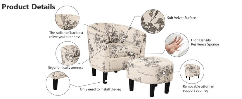 INZOY Modern Accent Chair with Ottoman for Small Space, Club Chair with Ottoman Set, Comfy Fabric Barrel Reading Chairs for Living Room Bedroom, Round Reading Chair with Foot Rest, Flower Pattern