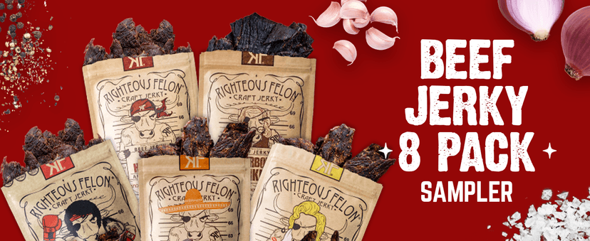 Righteous Felon Beef Jerky Variety Pack | Gluten Free Beef Jerky Snack Packs for Adults | High Protein, Keto-Friendly, Low Sugar | Made with Premium Meats | Gifts for Men | Sampler 8 Pack