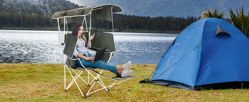Nice C Chair with Canopy, Umbrella Chairs, Chair with Shades, Sports Chairs, w/Removable Footrest, Cooler Bag, Cup Holder for Camping, Fishing, Sports, Soccer, Beach (1-P Green)
