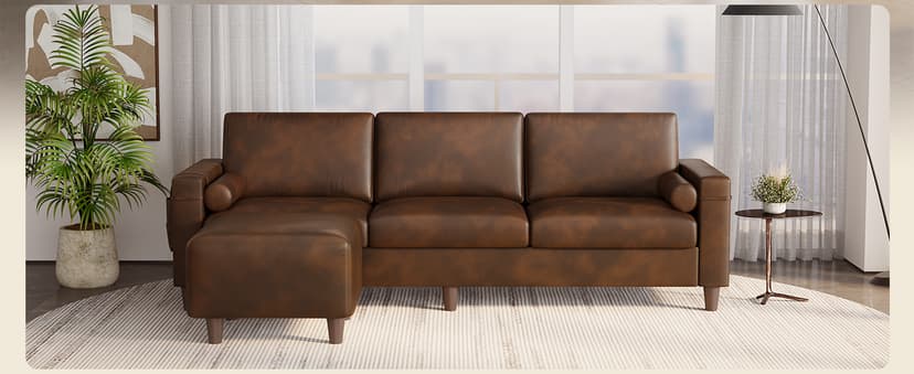 Vesgantti 100" PU Faux Leather Sofa with Movable Ottoman, 3 Seater L Shaped Leather Sectional Couch with Side Pocket, Comfy Mid Century Modern Modular Couch for Living Room, Apartment, Cocoa