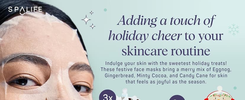 SpaLife Holiday Treats Facial Masks 12-Pack Assorted - Festive Christmas Skincare for Hydration and Refreshment - Gingerbread, Sundae, Cocoa & Eggnog