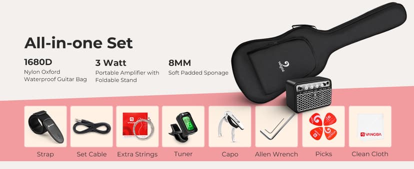 Vangoa 39 Inch Full Size Electric Guitar Beginner Kit Solid Body SSS Pickups with Amp, Bag, Tremolo Bar, Strings, Tuner, Picks, Strap, Capo, Cable for Starter Girls Adults Teens, Petal Pink