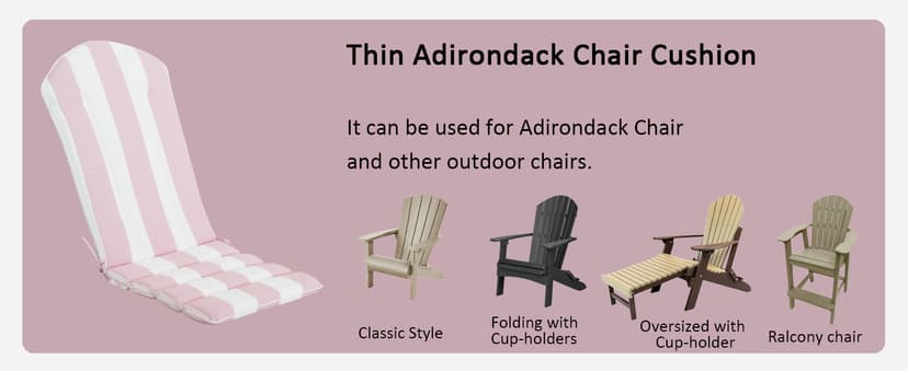COZYVIDA 50"x20" Adirondack Chair Cushions Set of 2,Outdoor Rocking Chair Cushions high Back,Water-Resistant,UV-Resistant 1000+ Hrs, with Adjustable Straps,Pink White Stripe