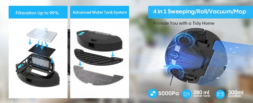 Bagotte Robot Vacuum and Mop Combo,5000Pa Robotic Vacuum with Schedule,4 in 1 Robotic Vacuum Cleaner, Quiet Slim,Self-Charging,Wi-Fi/Voice/App,Perfect for Pet/Hard Floors,/Carpet