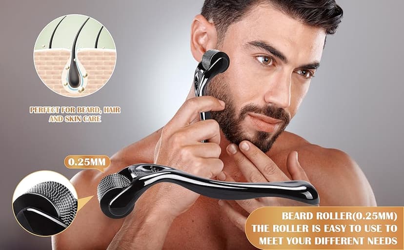 Beard Growth Kit, Grooming Set w/Growth Oil, Conditioner, Balm, Shampoo Wash, 0.25MM Roller, Brush, Comb, Scissor, Bag, Christmas Birthday Valentines Day Gifts for Him Men