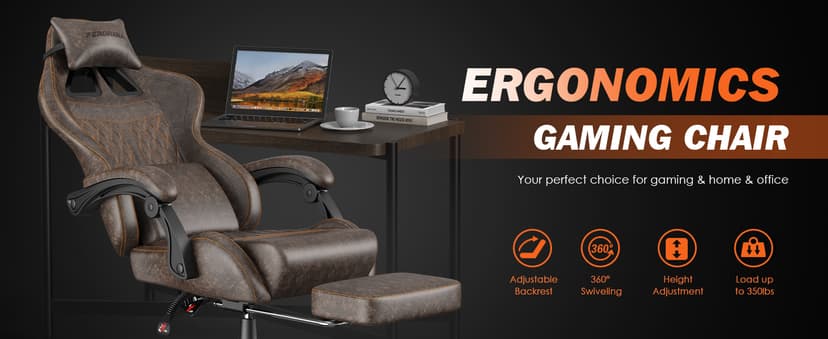 Ferghana Vintage PU Leather Gaming Chair, High Back Gamer Chair with Massage, Ergonomic Computer Office Chair with Footrest for Adults, Racing Style Reclining Video Game Chair Chestnut Brown