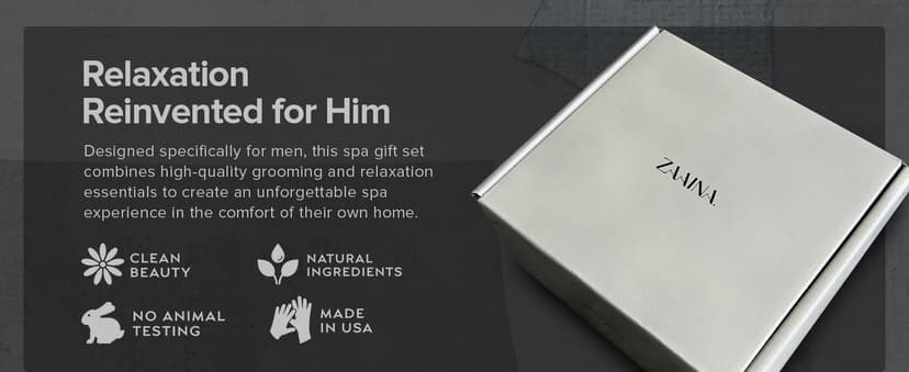 Natural self-care gift box with handcrafted grooming essentials to help him relax, recharge, and look his best. ZAAINA Men's Self Care Gift Box | Relaxation Grooming Gift Set B0CS2T3955