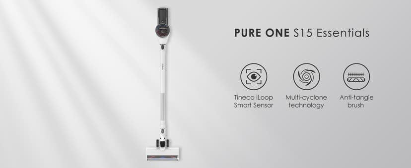 Tineco Pure ONE S15 Essentials Cordless Vacuum Cleaner, Stick Vacuum Rechargeable with Anti-Tangle Brush, LED Headlights for Hard Floor, Pet Hair & Home Cleaning