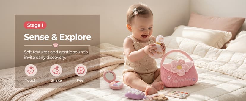 Teether Phone, Wooden Keys & Car Key, Soft Baby Purse with Mirror & Crinkle Card, Sensory Pretend Play, 1 Year Old Girl Gifts let's make My First Baby Purse, 10 Pcs Sensory Toy for Baby & Toddler Girls B0H151K19V