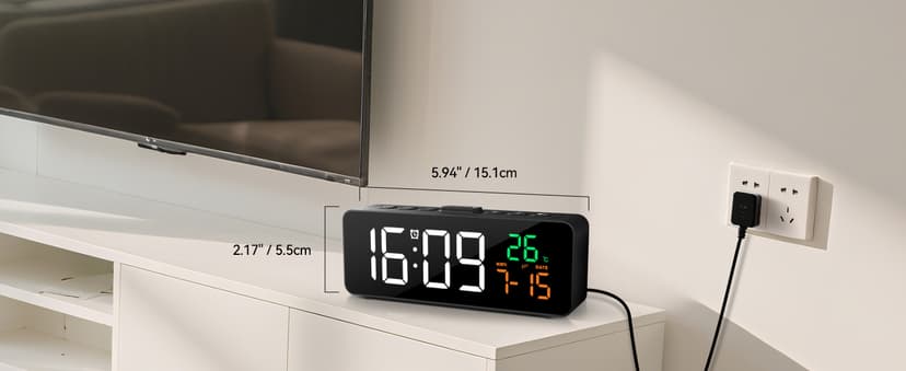 Netzu 3-in-1 Digital Clocks for Living Room with Temperature, Date & Time Display - 4 Levels Birghtness, 3 Volumes, Small & Compact Plug-in Alarm Clock for Bedroom, Office (Black)