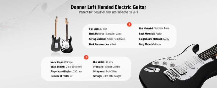 Donner 39 Inch Left-Handed Electric Guitar Kit Solid Body Black Lefty Beginner Set Full-Size with Amplifier Online Lesson Bag Digital Tuner Capo Strap String Cable Picks DST-100BL
