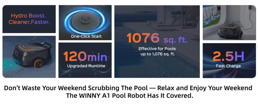Robotic Pool Vacuum for Above Ground Pools, Dual Filters, Self-Parking, 120-Min Runtime & 2.5h Fast Charging, Powerful Suction, Ideal for Flat Pools up to 1076 sq.ft (Black Tangerine)