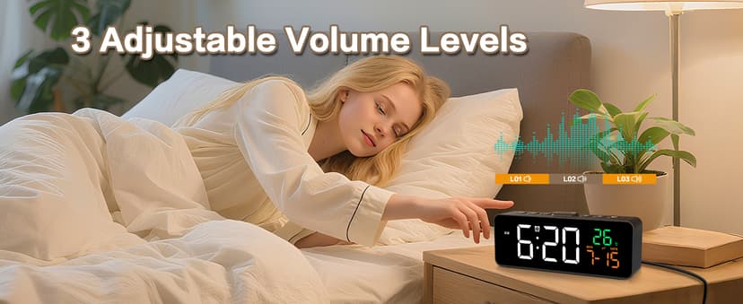 Netzu 3-in-1 Digital Clocks for Living Room with Temperature, Date & Time Display - 4 Levels Birghtness, 3 Volumes, Small & Compact Plug-in Alarm Clock for Bedroom, Office (Black)