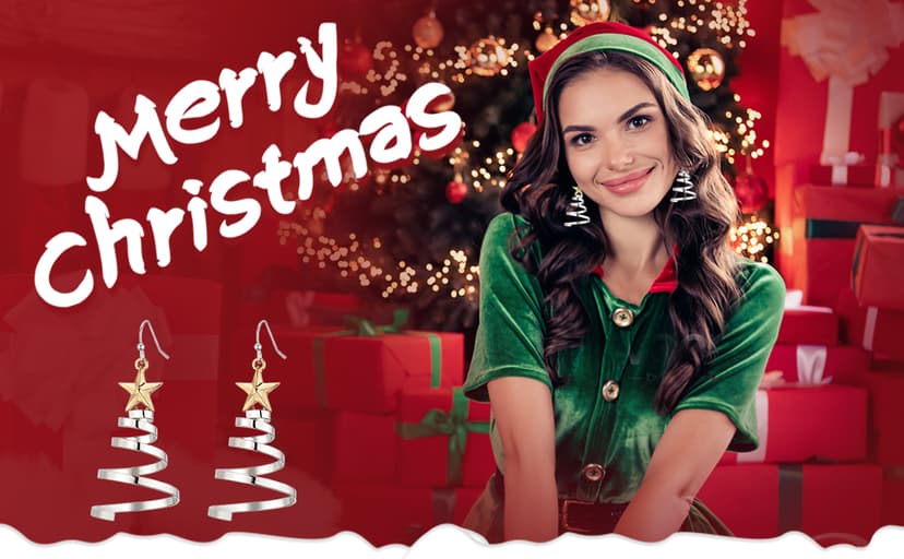 Handmade Christmas Tree Dangle Hoop Earrings Golden Silver Two Tone Women Holiday Gift, Thanksgiving Themed Earrings, Christmas Party Gift