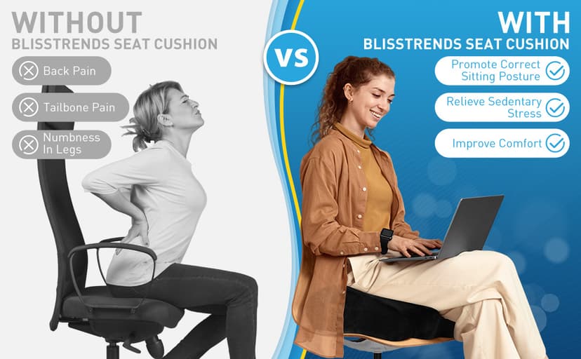 BlissTrends Seat Cushion with Velvet Cover, Thick Memory Foam Cushions for Office Chair, Car Seat, Airplane, Relieving Pressure Tailbone Sciatica Back Pain for Long Sitting, Car Drivers 4.7in Black