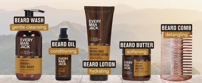 Every Man Jack Beard Essentials Gift Set for Men – Complete Routine with 5 Full-Size Essentials – Sandalwood Scent - Beard & Face Wash, Lotion, Oil, Butter & Comb
