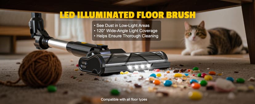 LIVOWALNY Cordless Vacuum Cleaner Compatible with DeWalt 20V Battery, 350W Brushless 40kPa Suction, 0.8L Dual Dust Cup, LED Floor Brush & 180° Flex Wand for Hardwood & Carpet (Battery Not Included)