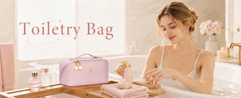 Waterproof PU Leather, Open Flat Design Cosmetic Bag, Multiple Compartments Travel Toiletry Bag (Pink, A) Initial Makeup Bag Personalized Gift for Women Teen Girls B0F26C313Y