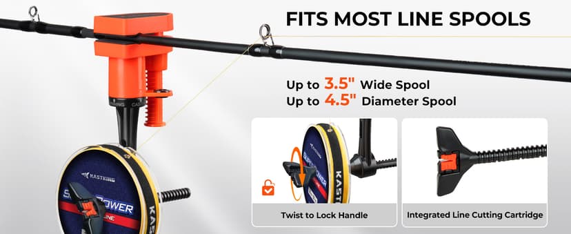 KastKing TrueWind Clamp-On Fishing Line Spooler, Portable Fishing Reel Spooler for Spinning & Baitcasting Reels, No Line Twist, Adjustable Tension, Built-in Line Cutter