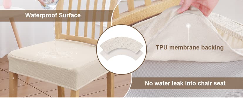 Smiry Waterproof Seat Covers for Dining Room Chairs Set of 4, Stretch Jacquard Removable Washable Chair Seat Slipcovers Protector, No Rear Covers, Beige
