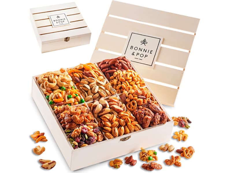 Nut Gift Basket, in Reusable Wooden Crate, Healthy Gift Option, Gourmet Snack Food Box, with Unique Flavors, Great for Feel Better, Sympathy & Birthday- Bonnie & Pop