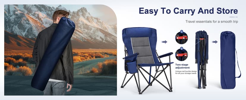 LET'S CAMP Oversized Camping Chairs 29.52" High Back Heavy Duty Lawn Chair Support 500LBS, Portable Collapsible Chair with Cup Holder, Side Pocket,2 Pack(Blue)