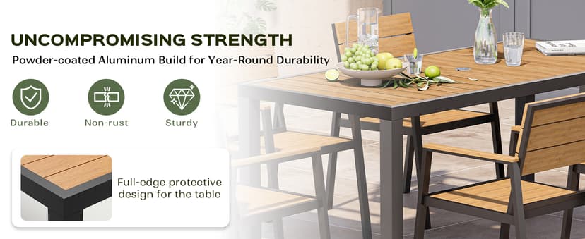 Vexwalx 7-Piece Outdoor Dining Set, Aluminum Dining Table Set for 6, Patio Table and Chairs Set with Umbrella Hole, All Weather HDPS Outdoor Table and Chairs for 6 (Gray-Teak)