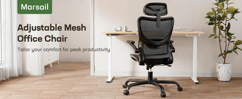 Marsail Ergonomic Mesh Office Chair High Back Home Office Desk Chair with Adaptive Lumbar Support, 2D Headrest, 3D Flip-Up Armrests, Height Adjustable and Rocking Tilt for Home Office and Gaming