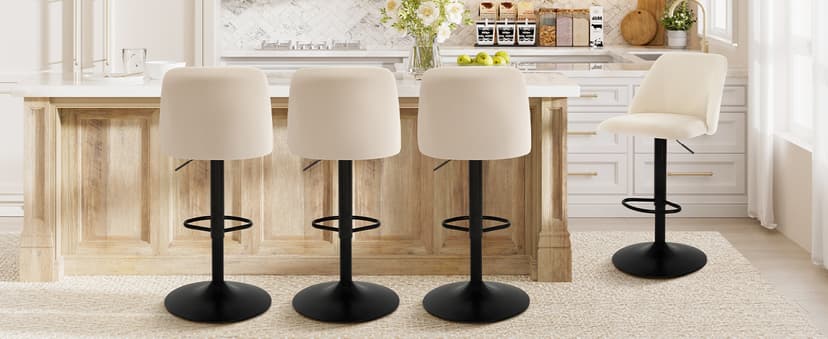 COLAMY Bar Stools Set of 4, Modern Swivel Bar Chairs, Adjustable Upholstered Barstools Counter Height with Full Backrest for Bar, Dining Room, Kitchen Island, Beige