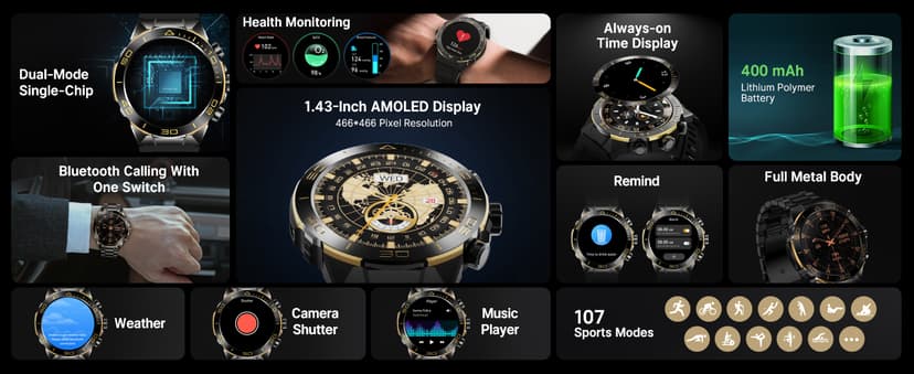 SOUYIE Smart Watch for Men Answer/Make Call for Android iPhone, 1.43" AMOLED HD Screen Mens Luxury Watch, 400mAh Heavy Duty Smartwatch Heart Rate Blood Oxygen Blood Pressure Sleep Monitor Pedometer, 2 Straps