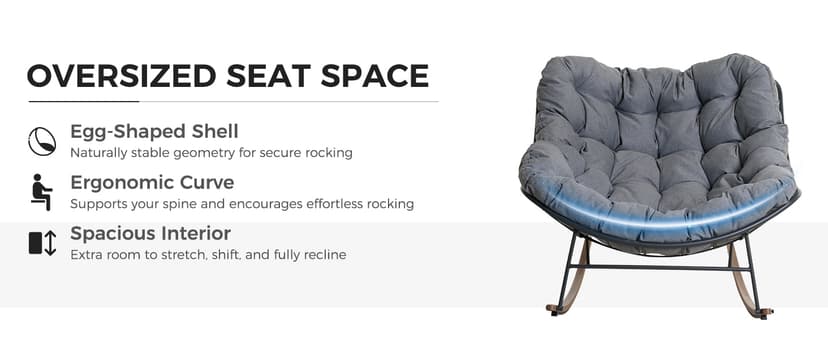 Grand patio Outdoor Rocking Chair, Oversized Papasan Rocking Chair with Thick Cushion, Indoor Outdoor Cozy Rocker for Balcony, Living Room, Patio, Gray