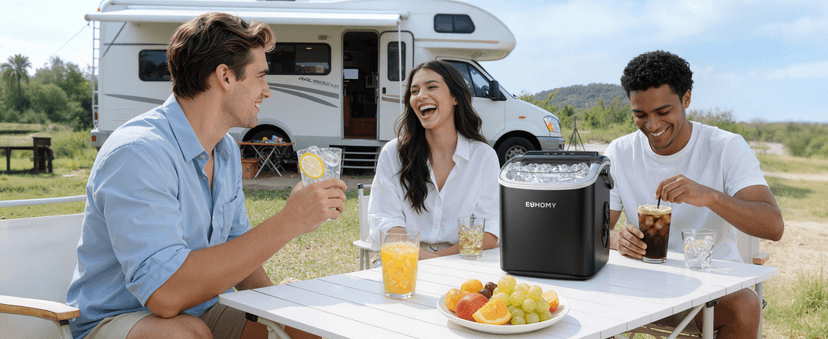 EUHOMY Countertop Ice Maker Machine with Handle, 26lbs in 24Hrs, 9 Ice Cubes Ready in 6 Mins, Auto-Cleaning Portable Ice Maker with Basket and Scoop, for Home/Kitchen/Camping/RV. (Black)