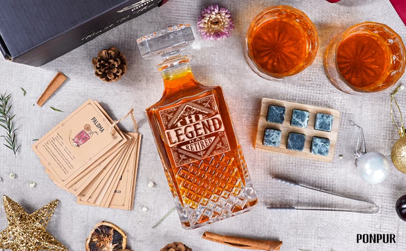 PONPUR The Legend Has Retired 2025 Retirement Gifts for Men Women Stocking Stuffers, Whiskey Decanter Gift Set with 2 Whisky Glasses, Best Christmas Birthday Presents for Dad Coworkers Teacher