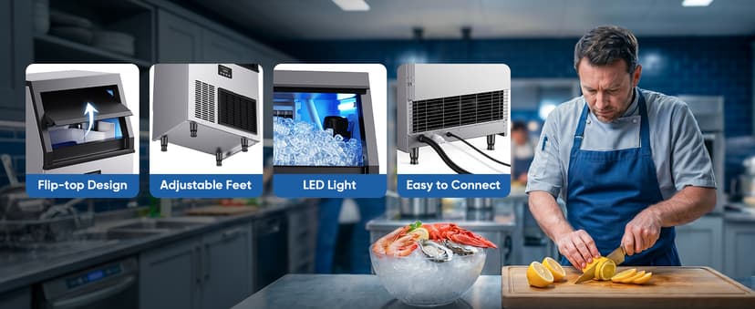 Coolake Commercial Ice Maker Machine, 200Lbs/Day Under Counter Ice Maker with 55 Lbs Storage, Stainless Steel Freestanding Built-in Outdoor Ice Machine with Water Filter for Home Bar Cafe Garage