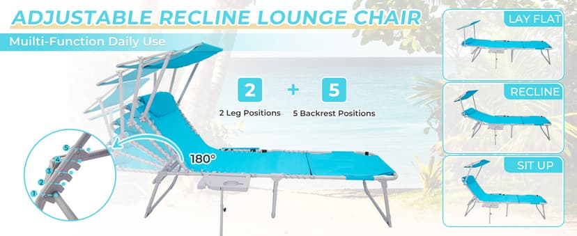 #WEJO 4-in-1 Tanning Chair with Face Hole and Side Table - 5-Position Face Down Folding Chaise Lounge with Canopy Shade & Cup Holder - Portable Heavy Duty Tanning Bed for Beach, Pool, Patio (Khaki)