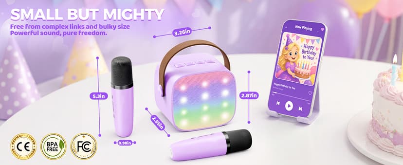 Mini Karaoke Machine with 2 Wireless Microphones, TOP Kids Gifts for Girls Ages 3, 4, 5, 6, 7, 8, 9, 10, 11, 12 +Years Old, 4-12th Christmas Birthday Toy Gift for Girls Boys Party (Purple)