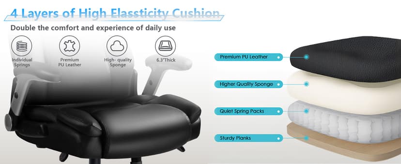 VITESSE 600lbs Big and Tall Office Chair with Flip up Armrest, Large Heavy Duty with Ergonomic Lumbar Support, Executive Office Chair for Heavy People with Quiet Rubber Wheel(Black)