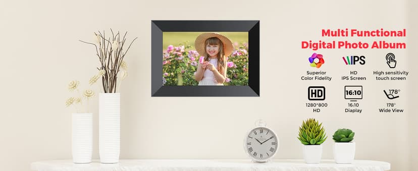 Frameo 10.1 Inch WiFi Digital Picture Frame with 1280 * 800P IPS Touch Screen HD Disply,Video Clips and Slide Show,Auto-Rotate, Wall Mountable,Send Photos Instantly from Anywhere with via Frameo APP