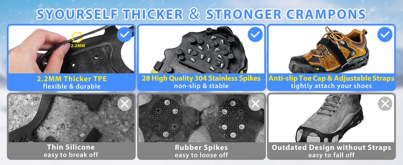 SYOURSELF Crampons Ice Cleats for Shoes and Boots Women Men Kids, 28 Shoe Spikes Non Slip Snow Traction Cleats for Snow and Ice Grippers for Shoes and Boots Hiking Walking Fishing Climbing