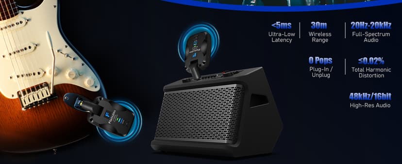 FW2D Wireless Guitar System Exclusive Mute Plug, 2.4 GHz Wireless Guitar Transmitter Receiver, 10H Working Cordless Guitar Transmitter Rechargeable USB C for Acoustic Electric Guitar Bass Ukulele etc