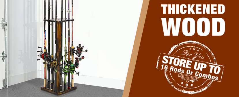 Ghosthorn Fishing Rod Holders for Garage 360 Degree Rotating Fishing Pole Rack, Floor Stand Holds up to 16 Rods Wood Fishing Gear Equipment Storage Organizer, Fishing Gifts for Men Women