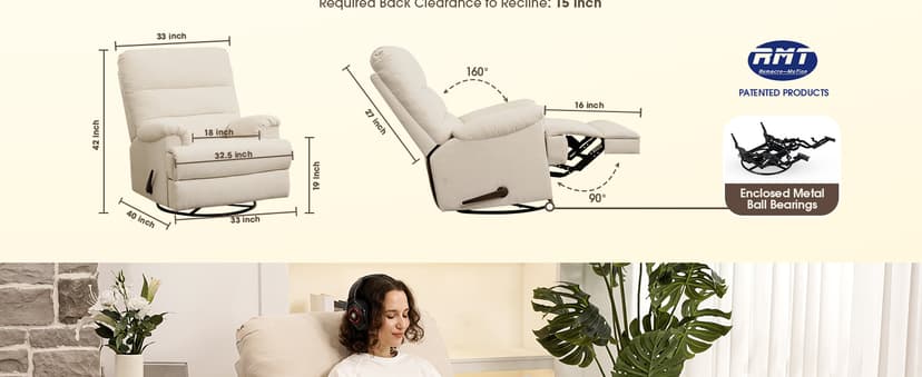 Large Glider Rocker Recliner,Beige Swivel Rocking Recliner Chair,Reclining Sofa Rocking Chair Nursery,23 Inches Deep Seat & 27 inches High Back,for Living Room, Bed Room (Beige)