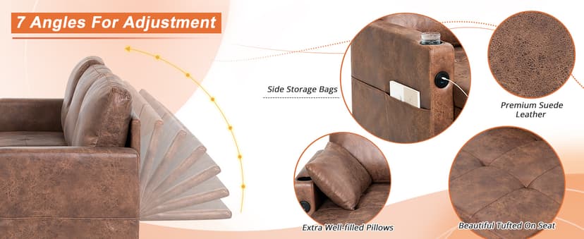 Lesofair 84" L-Shape Pull Out Sofa Bed with Adjustable Backrest, Upholstered Sectional Sleeper Sofa with Storage Chaise, Suede Leather Reversible Couch Bed with USB Port for Living Room, House, Brown