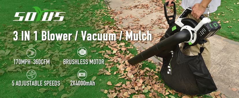 Cordless Leaf Blower & Vacuum SOYUS 3in1 Leaf Vacuum Mulcher 40V 360CFM 5 Speeds Brushless Battery Operated Leaf Blower for Lawn Care with 45L Bag 2 x 4.0Ah Battery and Charger Included