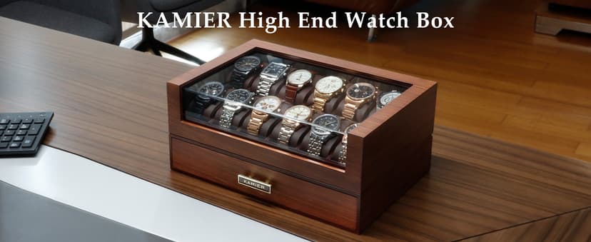KAMIER High End Watch Box for Men, 12 Slot Wooden Watch Case With Drawer, Watch Display Box with Glass Lid, 2-Layer Watch Holder for Jewelry and Watch Storage for Men Women , Ideal for Gift (With Gift Box)