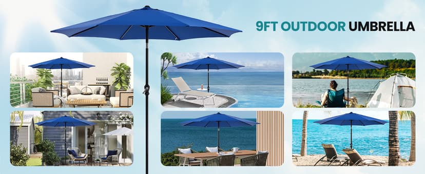 OLIXIS 9ft Patio Umbrella with Tilt and Crank Button & 8 Sturdy Ribs Waterproof, Patio Table Umbrella Perfect for Poolside, Terrace, Beach and Outdoor Restaurant, Blue