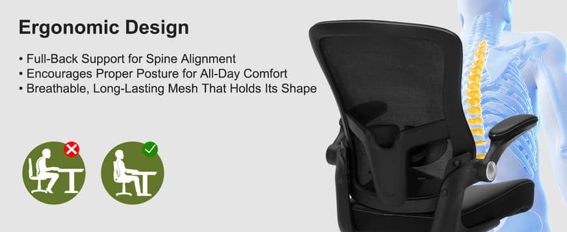 Ergonomic PU Leather Office Chair, 400lbs Weight Capacity, Breathable Mesh Back, Adjustable Height & Flip-Up Arms, Heavy Duty Computer Desk Chair for Home & Office, Black
