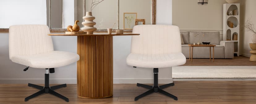 NEO CHAIR Criss Cross Chair No Wheels Armless Cross Legged Office Desk Wide Comfy Vanity Makeup Chair Adjustable Computer Task for Home Office Fabric (Beige)